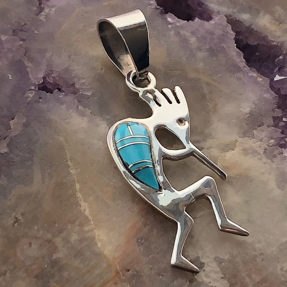 Hopi Inlaid Kokopelli Turquoise Silver Pendant